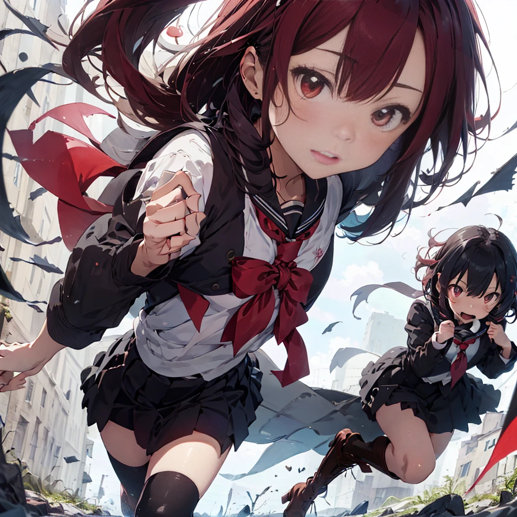 (masterpiece, highest quality),(Detailed Hair), Super detailed, Anime Style, whole body, High school girls、She wears a black sailor uniform and has milky white and red hair with short hair.、Red eyes、 Wearing long boots, Digital Painting, 8K High Resolution, whole body, White Background, Dynamic pose、Standing on the desolate land、Large Blade、Vampire Hunter、Dynamic composition、