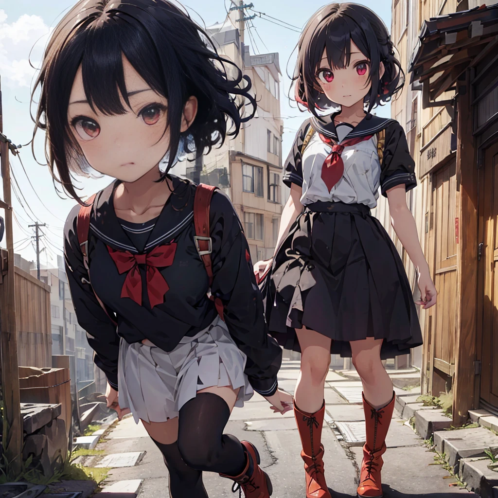 (masterpiece, highest quality),(Detailed Hair), Super detailed, Anime Style, whole body, High school girls、She wears a black sailor uniform and has milky white and red hair with short hair.、Red eyes、 Wearing long boots, Digital Painting, 8K High Resolution, whole body, White Background, Dynamic pose、Standing on the desolate land、Large Blade、Vampire Hunter、Dynamic composition、