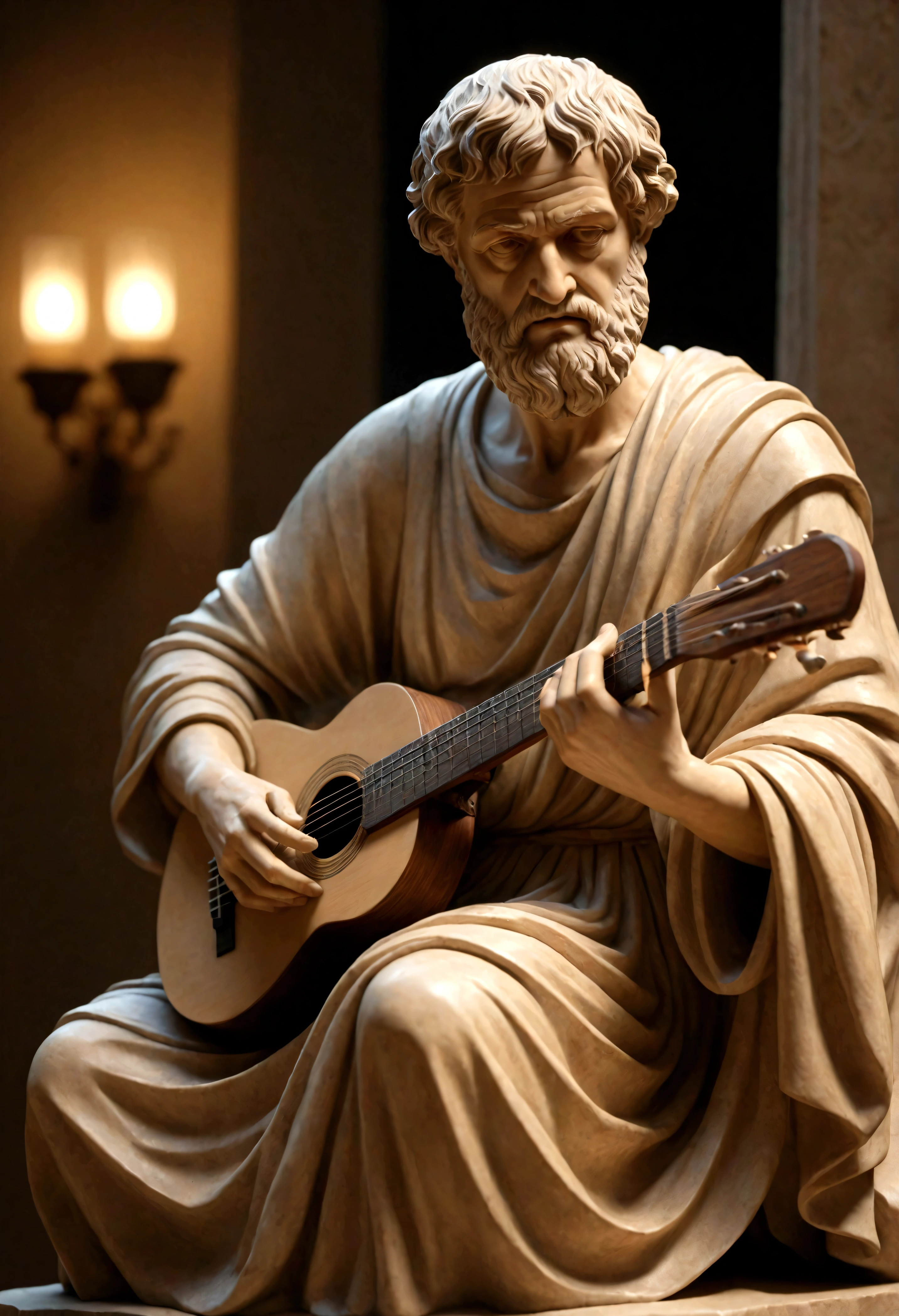a detailed sculpture of aristotle playing guitar, highly detailed face and expression, realistic skin texture, intricate folds in robes, dramatic lighting, cinematic angle, (best quality,4k,8k,highres,masterpiece:1.2),ultra-detailed,(realistic,photorealistic,photo-realistic:1.37),cinematic lighting,chiaroscuro lighting,dramatic shadows,warm color palette,oil painting style,classical greek sculpture,detailed facial features,intense gaze,intense emotion,dynamic pose,elegant hand gestures