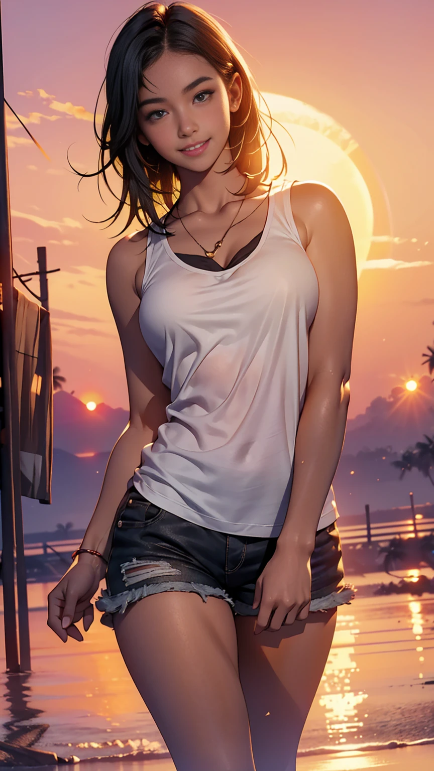 One girl, Photo Model, smile, Focus on your audience, Beautiful lighting, highest quality, masterpiece, Ultra-high resolution, Realistic, Black Hair, Short tank top, Shorts, Long Stockings, Medium chest, White skin,( Sunset background:1.4)