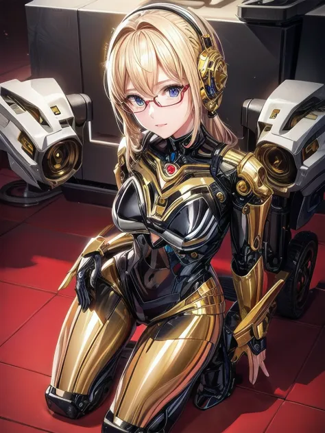 5 8K UHD、A beautiful mechanical figure with gold metallic body and glasses is kneeling.、Gold metallic robot with shiny skin