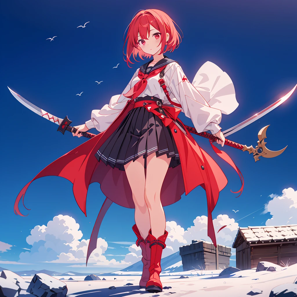 1girl、(masterpiece, highest quality),(Detailed Hair), Super detailed, Anime Style, whole body, High school girls、She wears a black sailor uniform and has milky white and red hair with short hair.、Red eyes、 Wearing long boots, Digital Painting, 8K High Resolution, whole body, White Background, Dynamic pose、Standing on the desolate land、Large Blade、Vampire Hunter、Dynamic composition、Reaper&#39;s Scythe、