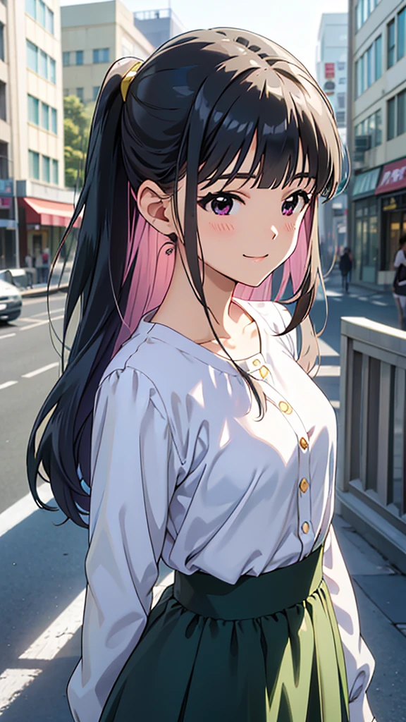 young woman、smile、Cool hairstyle、Blushing、masterpiece、High resolution、16k、Spring clothes in fresh colors、(Very close:1.5)、Explore the city、(Depicting the upper body:1.5)