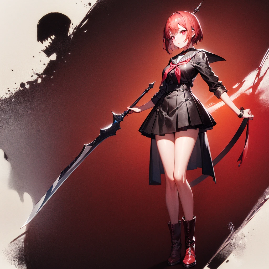 1girl、(masterpiece, highest quality),(Detailed Hair), Super detailed, Anime Style, whole body, High school girls、She wears a black sailor uniform and has milky white and red hair with short hair.、Red eyes、 Wearing long boots, Digital Painting, 8K High Resolution, whole body, White Background, Dynamic pose、Standing on the desolate land、Large Blade、Vampire Hunter、Dynamic composition、Reaper&#39;s Scythe、