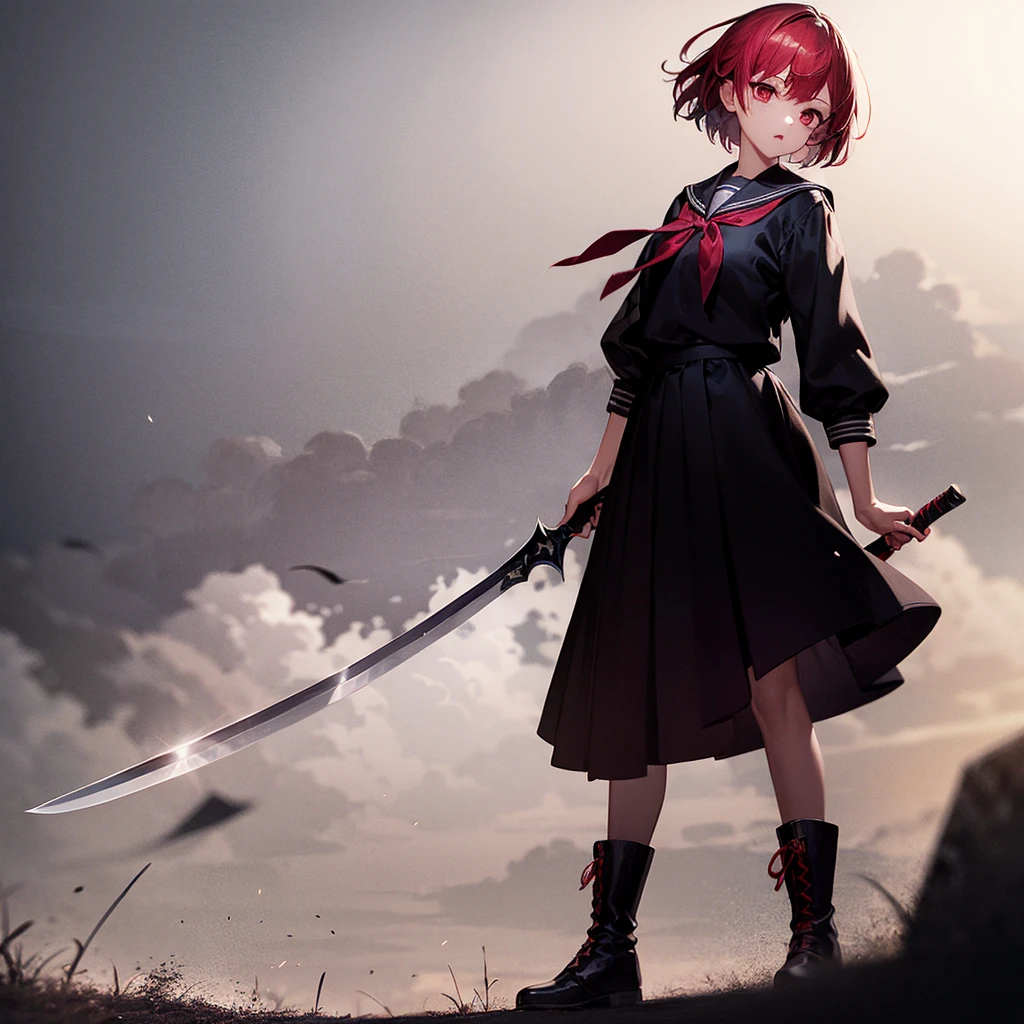 1girl、(masterpiece, highest quality),(Detailed Hair), Super detailed, Anime Style, whole body, High school girls、She wears a black sailor uniform and has milky white and red hair with short hair.、Red eyes、 Wearing long boots, Digital Painting, 8K High Resolution, whole body, White Background, Dynamic pose、Standing on the desolate land、Large Blade、Vampire Hunter、Dynamic composition、Reaper&#39;s Scythe、