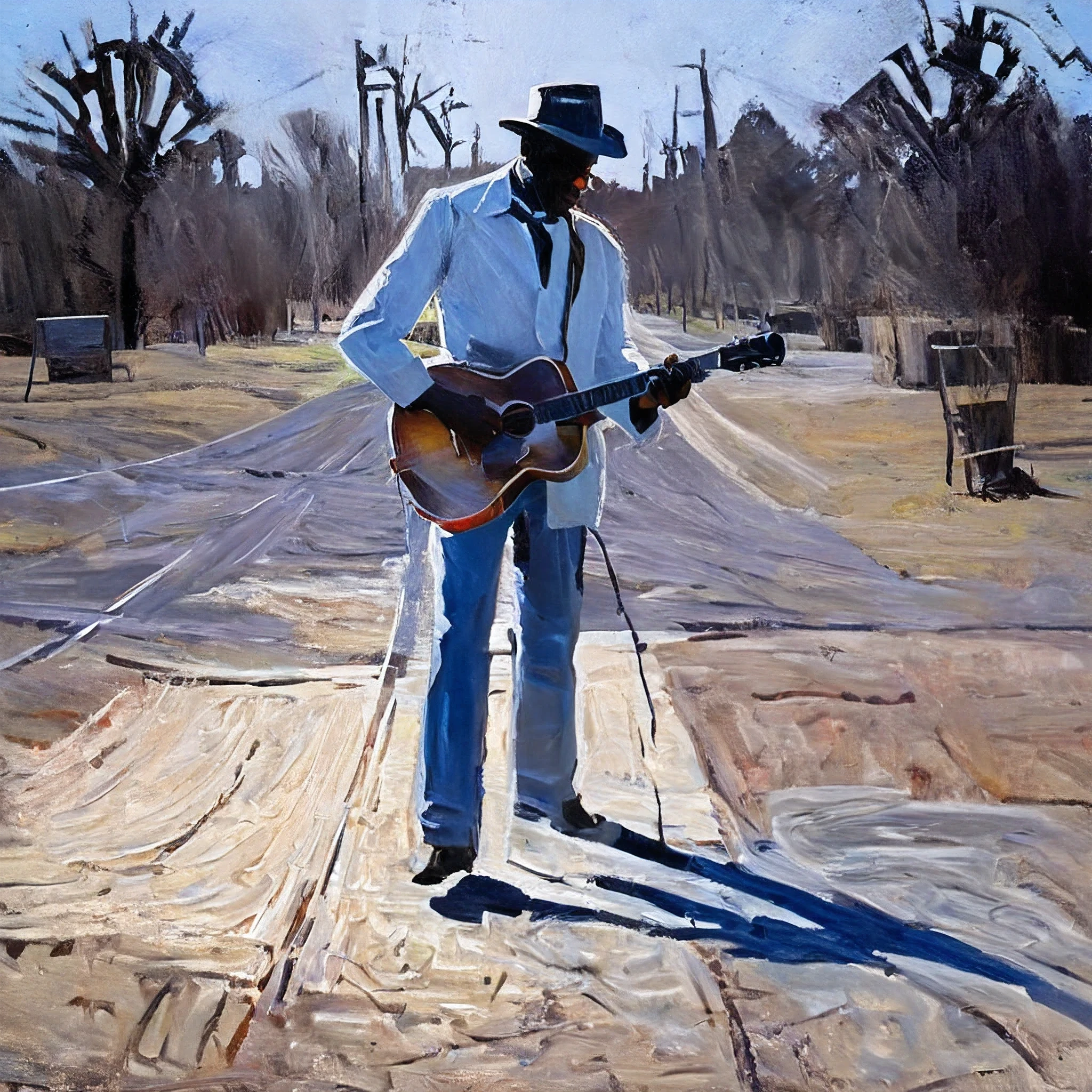 Guitarist, robert johnson, Cruce de caminos, fuerte contraste de luz solar, clarkdale, Misisipi, cepillo áspero, bichú, pintura al óleo