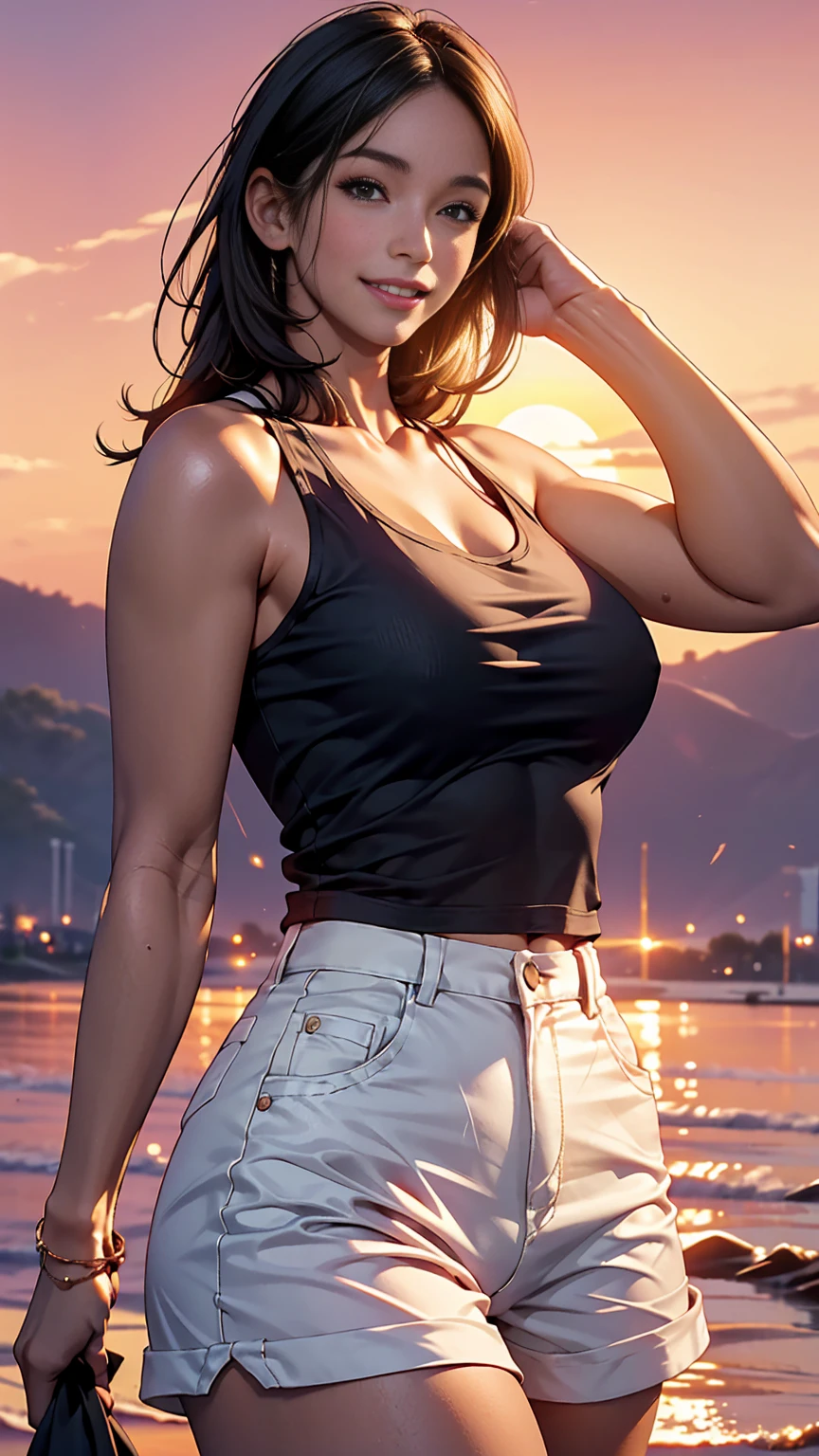 One mature woman, smile, Focus on your audience, Beautiful lighting, highest quality, masterpiece, Ultra-high resolution, Realistic, Black Hair, Short tank top, Shorts, Long Stockings, Medium chest, White skin,( Sunset background:1.4)、Sexy proportions