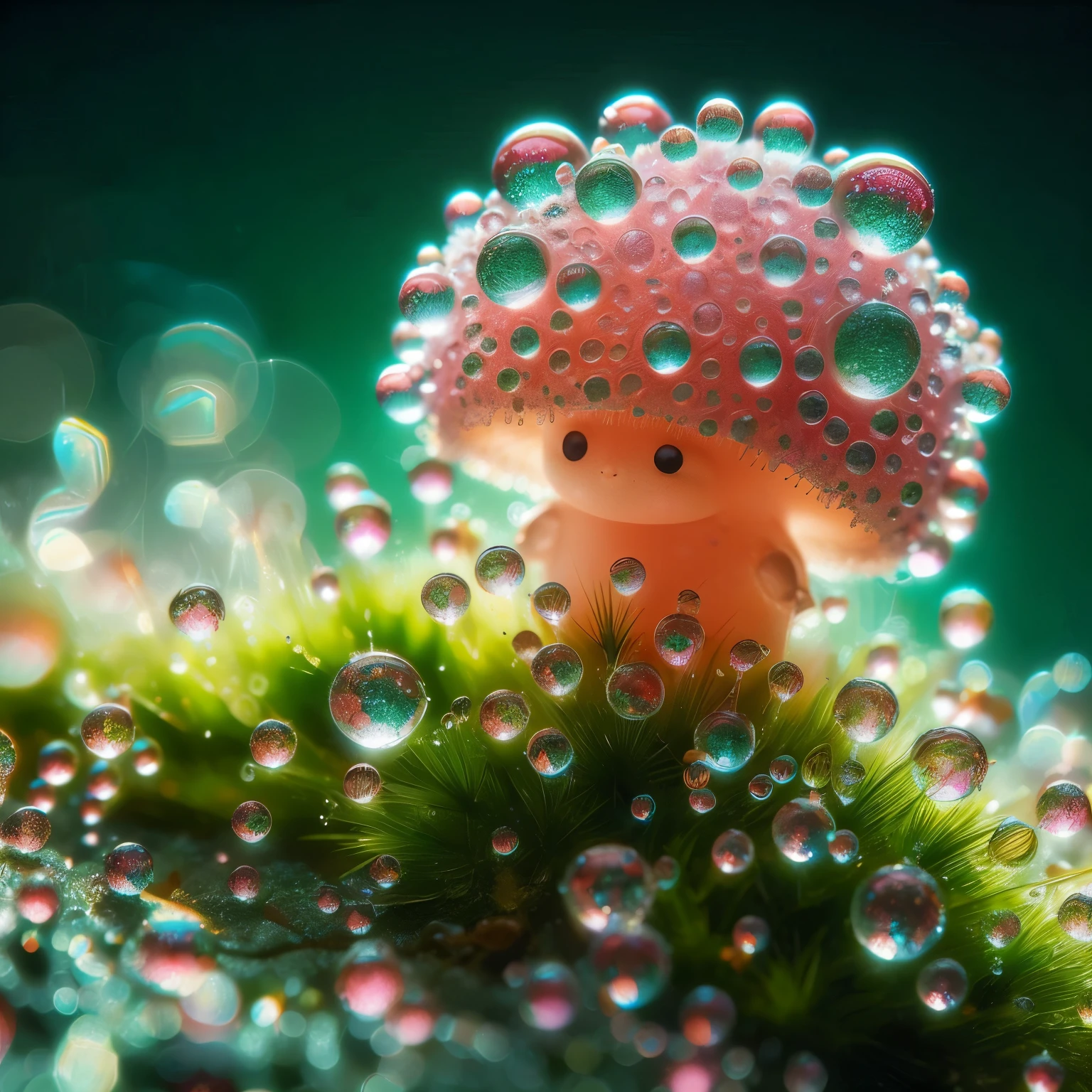 mignonnes petites femelles humaines couvertes de mousse et rosées, gros plan dans une forêt tropicale rosée, En mode Tilt-Shift, scène macro-photographiée avec une faible profondeur de champ, Un petit, petites femelles humaines irisées, sur une feuille, Conduire une moto, son corps est une mosaïque fascinante de miroirs et d&#39;engrenages microscopiques, se perche sur le velouté, bord vert émeraude d&#39;une feuille embrassée par la rosée, entouré d&#39;une constellation de reflets scintillants, des gouttelettes cristallines qui réfractent et reflètent la douceur, lumière dorée filtrant à travers la forêt 
