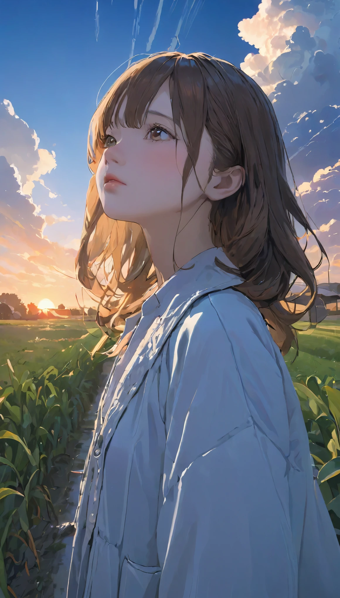 UHigh resolution, retina, masterpiece, Accurate, Anatomically correct, Textured skin, Very detailed, Attention to detail, high quality, 最high quality, High resolution, 1080p, High resolution, 4K, 8k, 16k, Tabletop、solo、One Girl、pretty girl、dusk、Look up at the sky、evening:1.5、Orange cumulonimbus clouds、Farm roads in the countryside、part々field、Full body angle、warm color