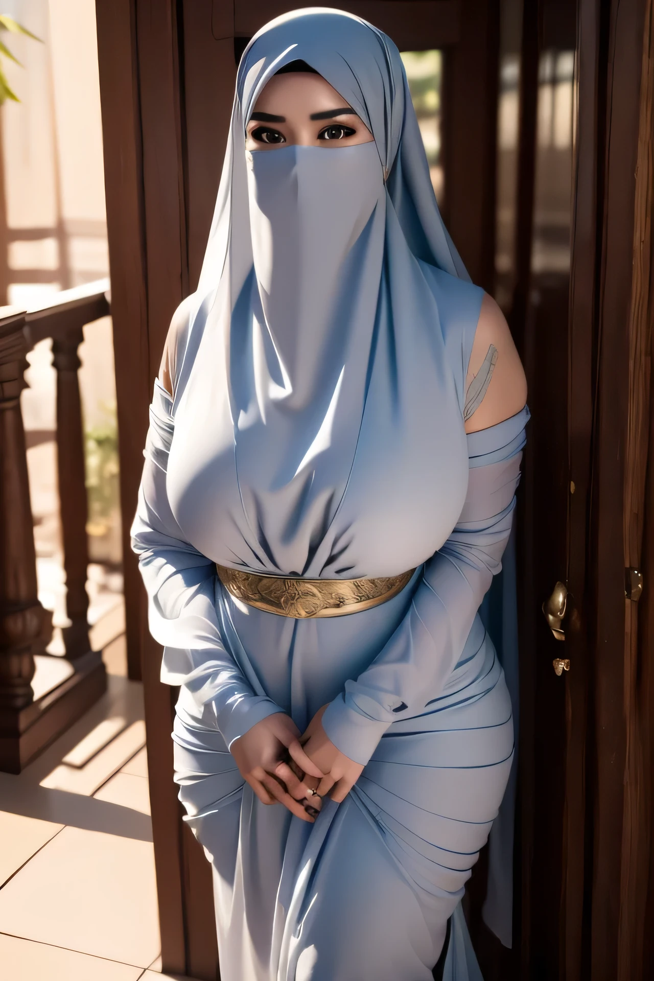 A woman in a blue hijab poses for a picture - SeaArt AI