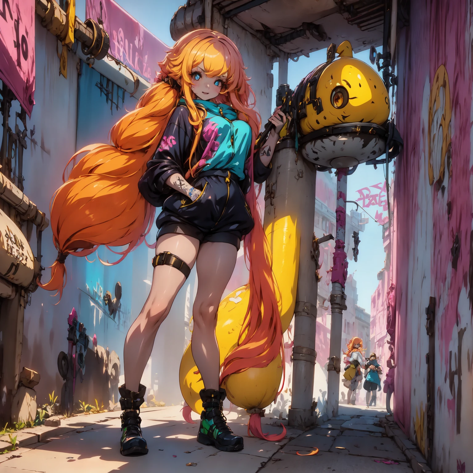 ((long shot, full body: 1.6)), purple: 1.5, orange: 1.1, green: 1.3, White: 1.3, yellow: 1.3, (rapper girl with scary hair, highly detailed eyes and body and beautiful baggy and baggy clothes :1.6), tattoos, (walls with Graffiti: 1.2), flower, Leaves, born in the mist, lines, leaning on the wall with a spray paint in her hand, action pose, 32K. dynamic action pose