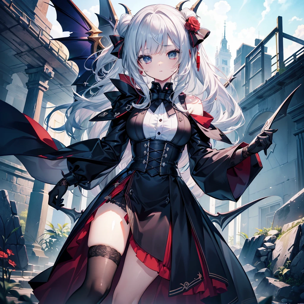 1girl、(((highest quality、Masterpiece、Super detailed、Official Art、The best dynamic composition)))、high school girl、Vampire Hunter、Reaper&#39;s Scythe、Blood splatter、Milky white and red gradient hair color、Short Hair、Odd Eye、Red and blue eyes、Dynamic composition、Super huge、Digital Painting, 8K High Resolution, whole body, White Background, Dynamic pose,swordup, 