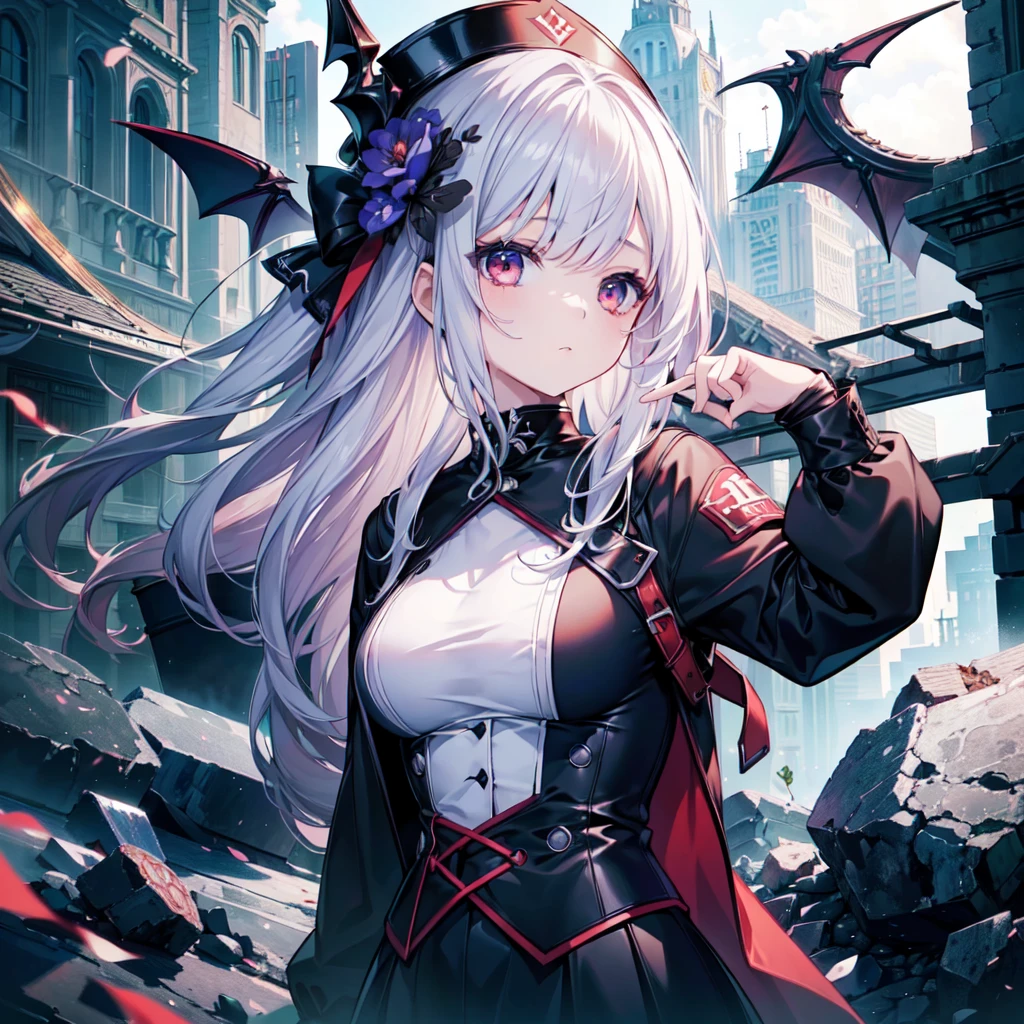 1girl、(((highest quality、Masterpiece、Super detailed、Official Art、The best dynamic composition)))、high school girl、Vampire Hunter、Reaper&#39;s Scythe、Blood splatter、Milky white and red gradient hair color、Short Hair、Odd Eye、Red and blue eyes、Dynamic composition、Super huge、Digital Painting, 8K High Resolution, whole body, White Background, Dynamic pose,swordup, 