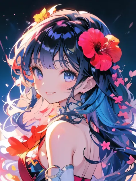 Masterpiece、smile、Anime Girls、Blue Hair、Long Hair、Swimwear、可愛いAnime Girls、smile、((hibiscus))、たくさんのhibiscus、Fractal Art、Gwaiz、Oce...