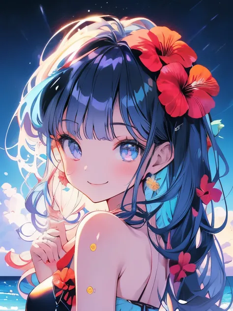 Masterpiece、smile、Anime Girls、Blue Hair、Long Hair、Swimwear、可愛いAnime Girls、smile、((hibiscus))、たくさんのhibiscus、Fractal Art、Gwaiz、Oce...