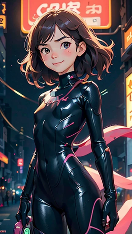 (8k),(masterpiece),(Japanese),(8-year-old girl),((innocent look)),((Petit)),From the front,smile,cute,Innocent,Kind eyes,flat chest, Slender, Catwoman costume,semi-long,Hair blowing in the wind,Brown Hair,strong wind,midnight,dark,neon light futuristic city