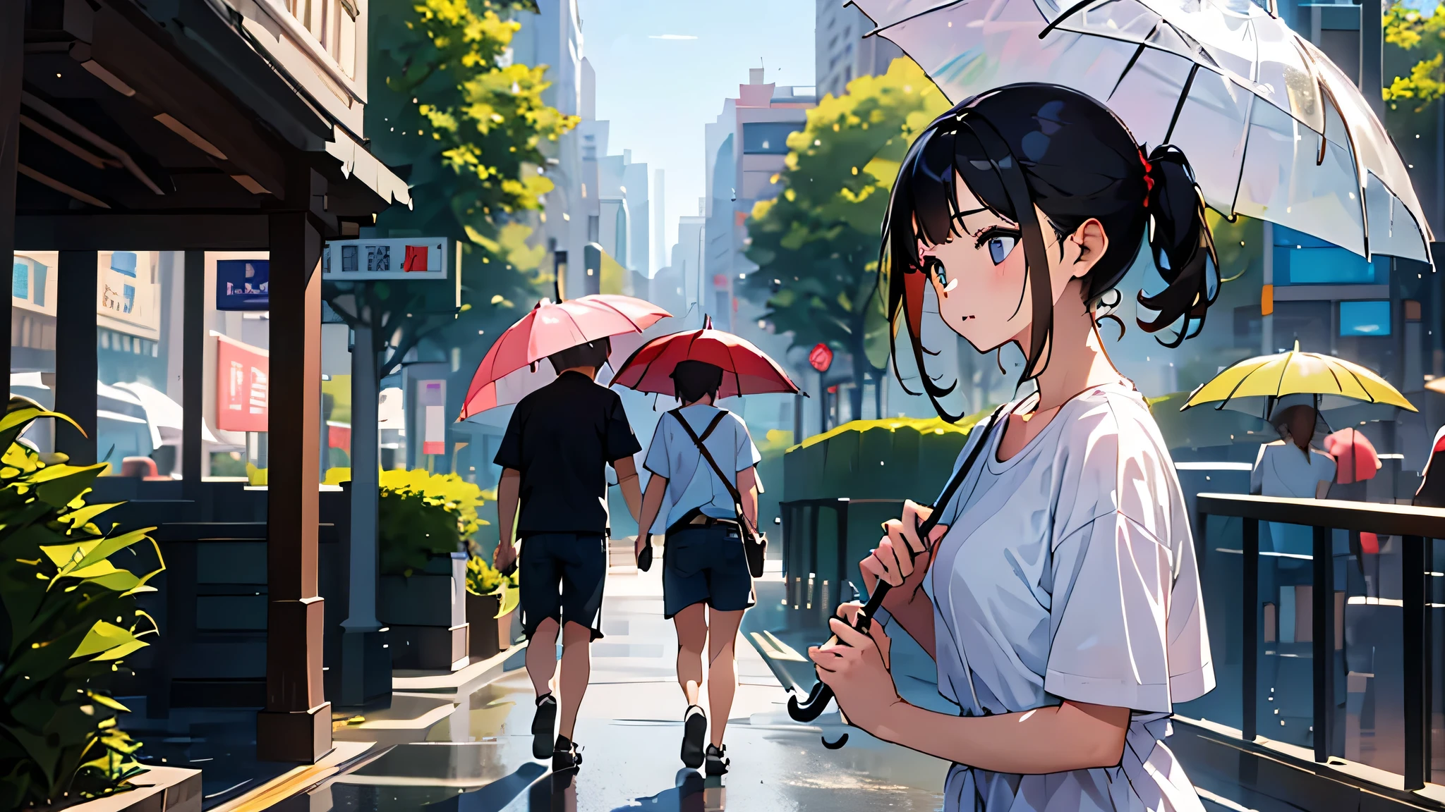 (masterpiece, highest quality, highest quality, Official Art, beautifully), (One girl:1.3),summer,Short sleeve。In the city after the rain、People walking with umbrellas々