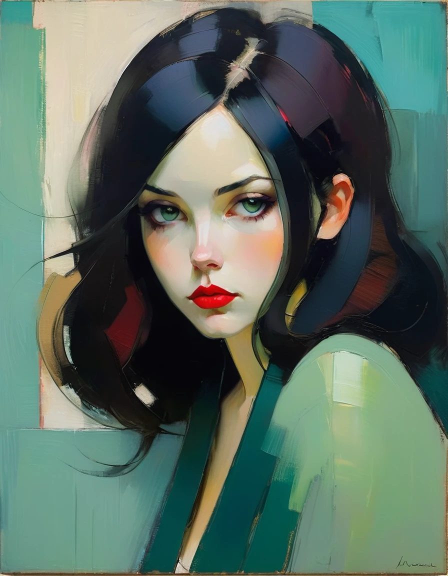 Create a portrait of a person in a contemplative or intimate pose, drawing inspiration from the art style of Malcolm Liepke. Use expressive and thick brushstrokes to add texture and depth to the painting. Employ a rich and harmonious color palette, focusing on deep, saturated hues contrasted with subtle skin tones. Pay special attention to the interplay of light and shadow to create a sense of volume and mood.

The background should be abstract and textured, complementing the figure without overwhelming it. Highlight the emotional depth of the subject through their eyes and facial expression, capturing a moment of introspection or quiet intensity. The clothing and surrounding elements should blend seamlessly into the overall composition, with less detail, allowing the figure to remain the focal point.

Strive to balance realism with painterly abstraction, emphasizing the tactile quality of the paint and the emotional resonance of the subject