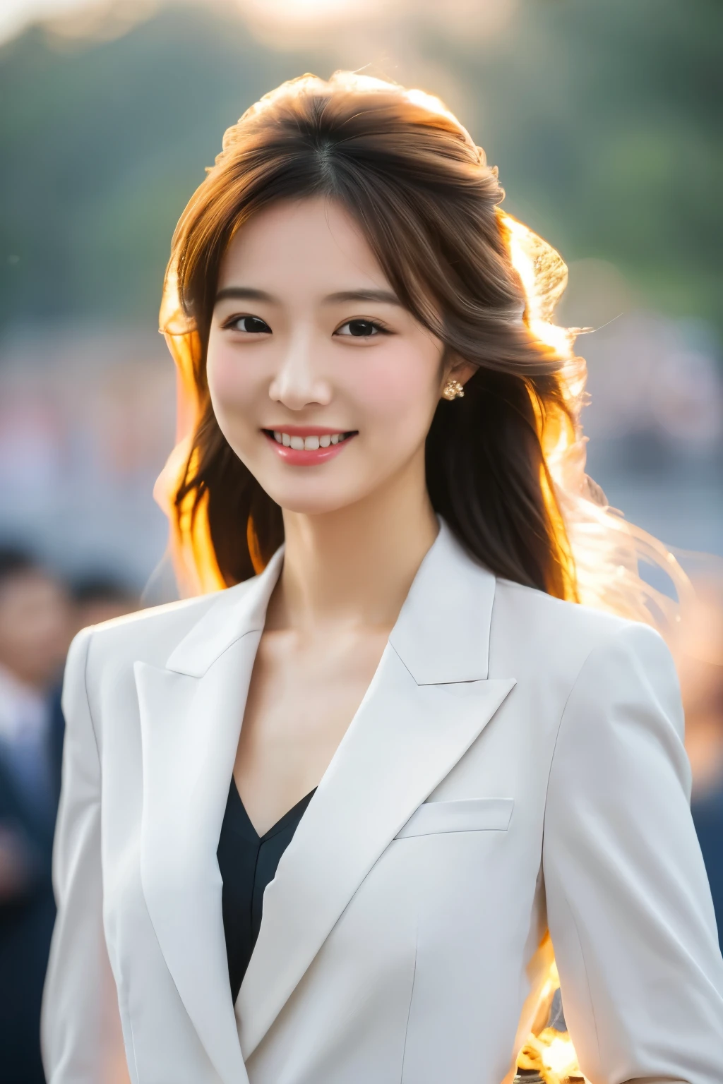 (8K), (best quality: 1.2), (Practical), (Reality: 1.37), Ultra HD, Ultra Detail，1 Chinese girl, Lovely, Smile, Shut up, Makeup， Beautiful details, Beautiful nose, Half Body, Wet hair, business suit