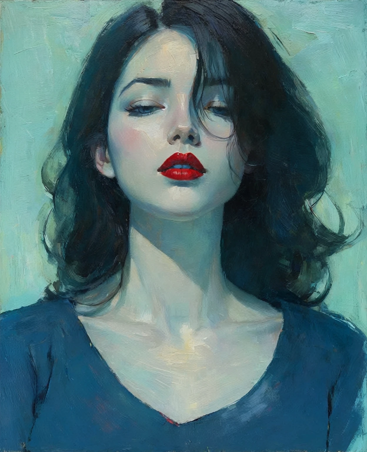 Gemälde einer Frau mit einem blauen Shirt und rotem Lippenstift, Erstellen Sie ein Porträt einer Person in einer kontemplativen oder intimen Pose, Inspiration aus dem Kunststil von Malcolm Liepke ziehen. Verwenden Sie ausdrucksstarke und dicke Pinselstriche, um dem Gemälde Textur und Tiefe zu verleihen. Verwenden Sie eine reiche und harmonische Farbpalette, Konzentrieren Sie sich auf die Tiefe, gesättigte Farbtöne, die mit subtilen Hauttönen kontrastieren. Achten Sie besonders auf das Zusammenspiel von Licht und Schatten, um ein Gefühl von Volumen und Stimmung zu erzeugen. Der Hintergrund sollte abstrakt und texturiert sein, die Figur ergänzen, ohne sie zu überwältigen. Heben Sie die emotionale Tiefe des Motivs durch seine Augen und seinen Gesichtsausdruck hervor, einen Moment der Introspektion oder stillen Intensität festhalten. Die Kleidung und die umgebenden Elemente sollten sich nahtlos in die Gesamtkomposition einfügen, mit weniger Details, sodass die Figur im Mittelpunkt bleibt. Streben Sie nach einem Gleichgewicht zwischen Realismus und malerischer Abstraktion, die haptische Qualität der Farbe und die emotionale Resonanz des Motivs betonen