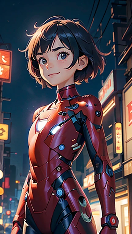 (8k),(masterpiece),(Japanese),(8-year-old girl),((innocent look)),((Petit)),From the front,smile,cute,Innocent,Kind eyes,flat chest, Slender, Iron Man costume,short,Hair blowing in the wind,Black Hair,strong wind,midnight,dark,neon light futuristic city
