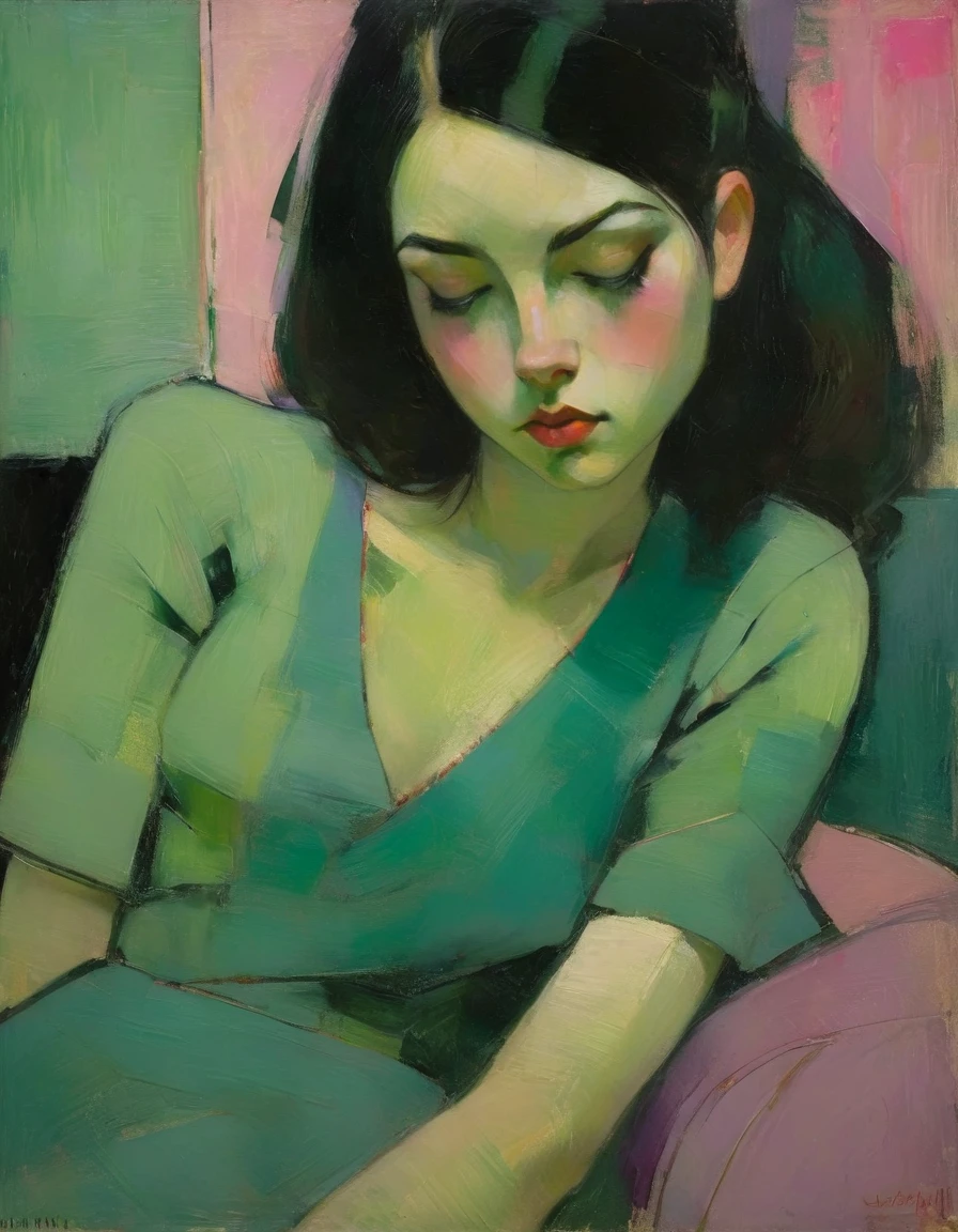 Créez le portrait d&#39;une jeune femme dans une pose semi-allongée avec une expression pensive. Utilisez un style pictural inspiré de Malcolm Liepke, caractérisé par des coups de pinceau expressifs et une texture riche. Utilisez une palette de couleurs de verts sourds, roses tendres, violets profonds, et des tons chair subtils pour évoquer une sensation de profondeur et d&#39;émotion. L&#39;arrière-plan doit être composé de résumé, couches texturées dans des couleurs complémentaires, se fondant parfaitement avec la silhouette. Faites attention au contraste entre le lisse, rendu détaillé du visage et du brut, application texturée de peinture dans les zones environnantes. Capturez l&#39;équilibre délicat entre vulnérabilité et force dans le regard et la posture du sujet.