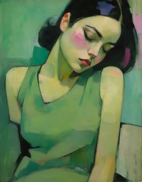 Create a portrait of a young woman in a semi-reclining pose with a pensive expression. Use a painterly style inspired by Malcolm...