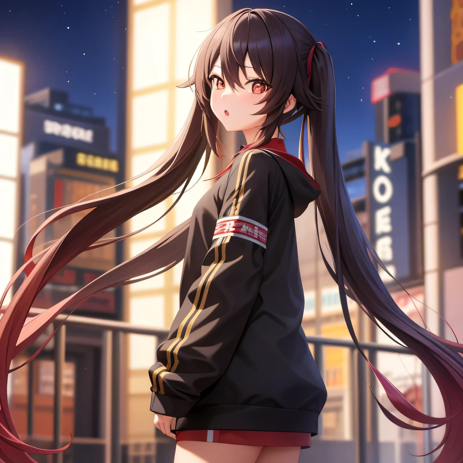 masterpiece, best quality, HuTaoV4, 1girl, solo, blush, twintails, long hair, hair between eyes, ((streetwear clothes)), city, outdoors, night, movie poster, extremely detailed 8K, smooth, high resolution, ultra quality, cinematic lighting, ambient occlusion, hd, 2k, 4k, 8k, 16k, extremely detailed anime, detailed faces, perfect composition, wide shot, atmospheric lighting, 