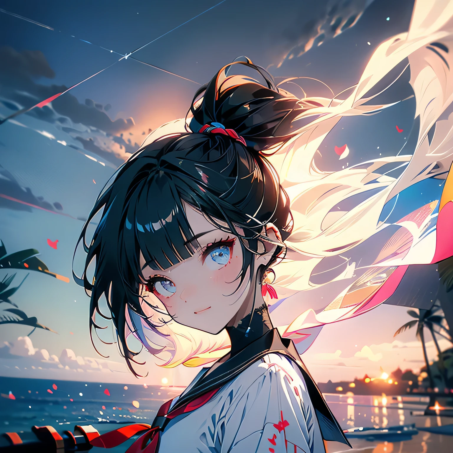 (low angle,from below),((masterpiece, highest resolution,best quality)),  (beautiful illustration), ((semi long beautiful black hair,blunt bangs,pony tail,beautiful eyes)),(solo),(Japanese high ,sailor,mini skirt),(looking at the viewer),  (walking on the beach),(innocent cute smile), (cinematic lighting),beach, sand, blue sky, waves, coconut tree,fish,boat,sea gull,