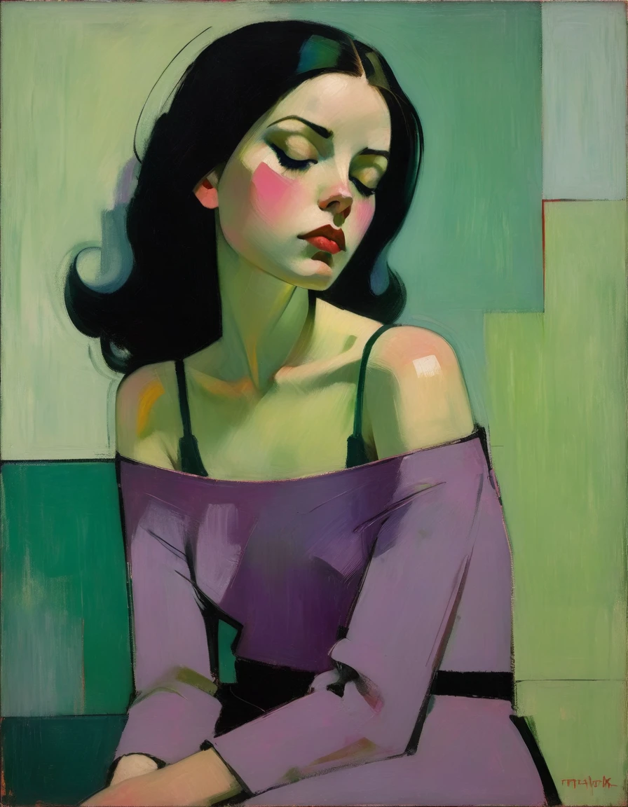 Create a portrait of a young woman in a semi-reclining pose with a pensive expression. Use a painterly style inspired by Malcolm Liepke, characterized by expressive brushstrokes and rich texture. Employ a color palette of muted greens, soft pinks, deep purples, and subtle flesh tones to evoke a sense of depth and emotion. The background should consist of abstract, textured layers in complementary colors, blending seamlessly with the figure. Pay attention to the contrast between the smooth, detailed rendering of the face and the rough, textured application of paint in the surrounding areas. Capture the delicate balance of vulnerability and strength in the subject's gaze and posture