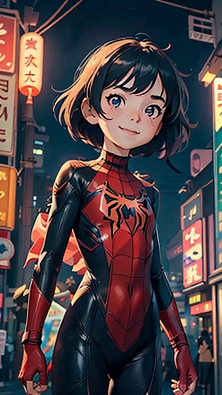 (8K),(obra de arte),(japonês),(menina de 8 anos),((olhar inocente)),((pequeno)),Da frente,sorriso,bonitinho,inocente,Olhos gentis,Peito plano, delgado, Fantasia do Homem-Aranha,curto,cabelo ao vento,Cabelo preto,vento forte,Meia-noite,Escuro,cidade futurista de luz neon