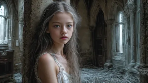 (Mackenzie Foy white hair teen girl,13 years old with, hand, fingers in vagina:1.3), (long, messy hair:1.3), blue eyes, detailed...