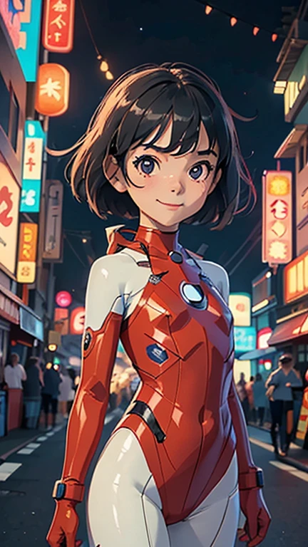 (8k),(masterpiece),(Japanese),(8-year-old girl),((innocent look)),((Petit)),From the front,smile,cute,Innocent,Kind eyes,flat chest, Slender, Ultraman costume,short,Hair blowing in the wind,Black Hair,strong wind,midnight,dark,neon light futuristic city