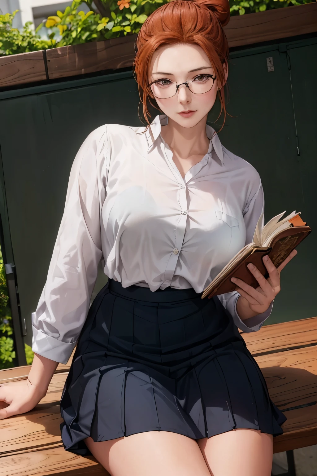 Korean woman age 22, ((Korean school uniform)), On the wooden bench under the faculty building, ((Orange sunshine)), ((Warm tone)), read a book, Eyeglasses, Evening, ((hair bun)), There is a desk.