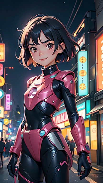 (8k),(masterpiece),(Japanese),(8-year-old girl),((innocent look)),((Petit)),From the front,smile,cute,Innocent,Kind eyes,flat chest, Slender, Power Ranger costume,short,Hair blowing in the wind,Black Hair,strong wind,midnight,dark,neon light futuristic city