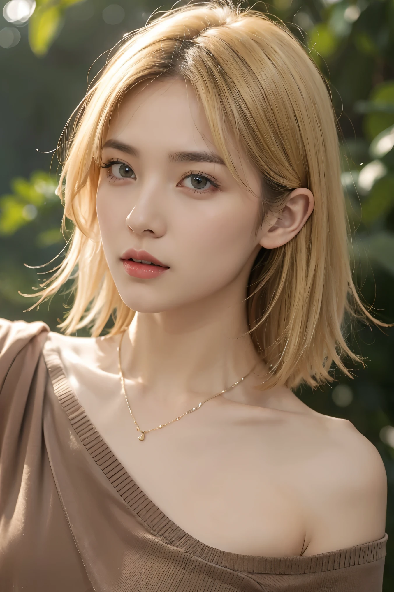 1girl, (cowboy shost:1.4)，solo,long hair,necklace,white hair,looking at viewer,jewelry,realistic,upper body,lips，green background,bangs,simple background,blonde hair,brown eyes,closed mouth,(short hair:1)(, Orange  red hair:1),red lips,green background,