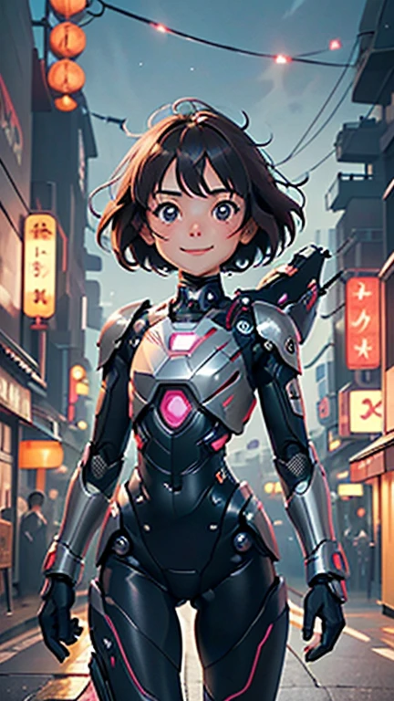 (8k),(chef-d&#39;œuvre),(Japonais),(fille de 8 ans),((regard innocent)),((petit)),de face,sourire,Mignon,innocent,des yeux gentils,poitrine plate, mince, Déguisement RoboCop gris,court,Les cheveux au vent,cheveux bruns,Vent fort,minuit,sombre,ville futuriste au néon