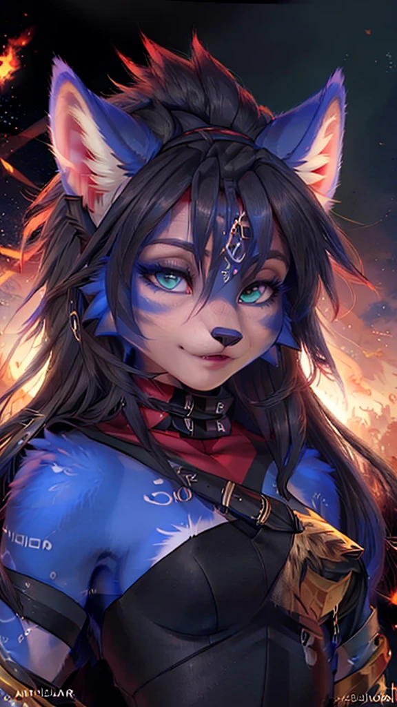 A beautiful and detailed (sweet portrait) wa ((Krystal)), Star Fox Krystal, sslim, lovable, green eyes, medium breasts, (((Long blue hair 1.3))),  ((black hair tips)), Decollete, grin, look up,, anthro, furry, Uploaded E621, detailed fluffy fur, (wa Fluff-Kevlar, Bayard Wu, Personalami, Pino Daeni), detailed face, (fluffy), 1 girl, alone,  Tribal clothing, sweet girl, 
