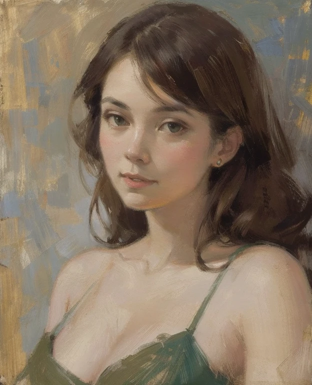 Create a portrait of a young woman in a semi-reclining pose with a pensive expression. Use a painterly style inspired by Malcolm Liepke, characterized by expressive brushstrokes and rich texture. Employ a color palette of muted greens, soft pinks, deep purples, and subtle flesh tones to evoke a sense of depth and emotion. The background should consist of abstract, textured layers in complementary colors, blending seamlessly with the figure. Pay attention to the contrast between the smooth, detailed rendering of the face and the rough, textured application of paint in the surrounding areas. Capture the delicate balance of vulnerability and strength in the subject's gaze and posture