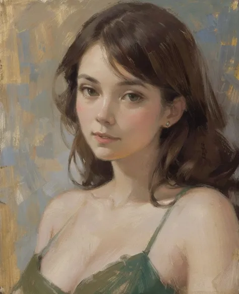 Create a portrait of a young woman in a semi-reclining pose with a pensive expression. Use a painterly style inspired by Malcolm...