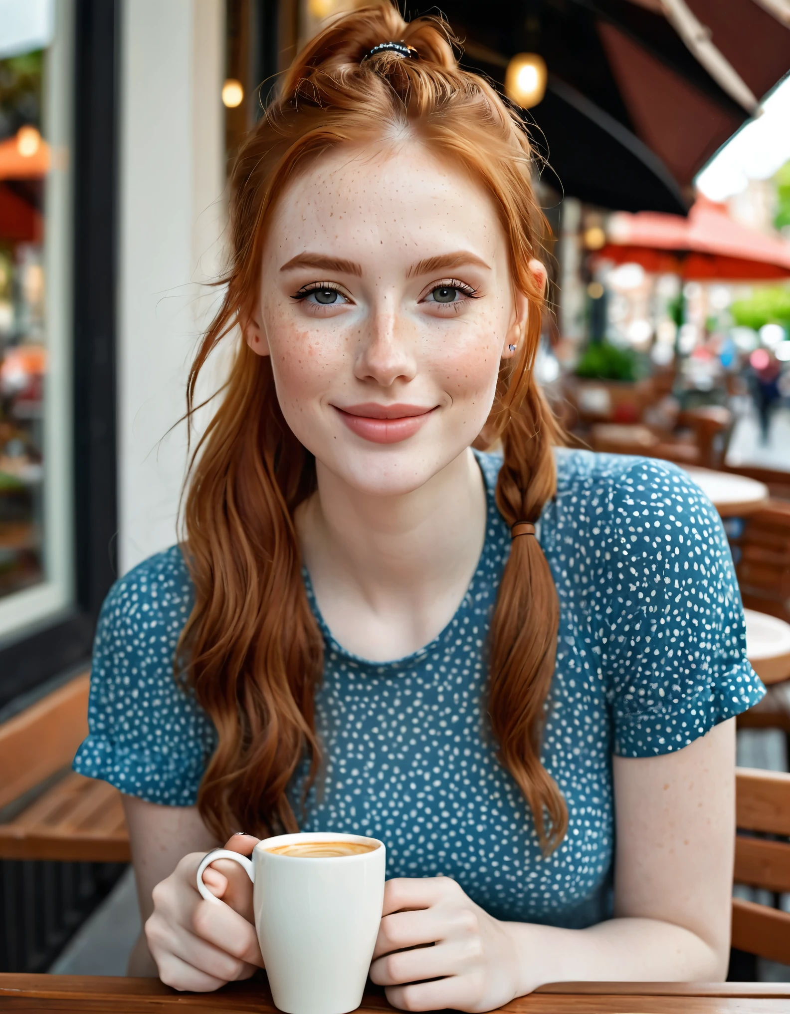 photography full body portrait of very beautiful realistic girl, sit in outdoor coffee shop, holding a cup of coffee, porcelain skin, very fair skin, very pale skin, redhead, wavy, ponytail, detail freckles skin, hazel eyes, slanted eyes, small nose, small nostril, think curved eyebrow, thick bottom lip, seductive gaze, happy face, unique face, wear casual dress, detail photo, realistic photo, master piece picture, sharp picture, outdoor clear daylight