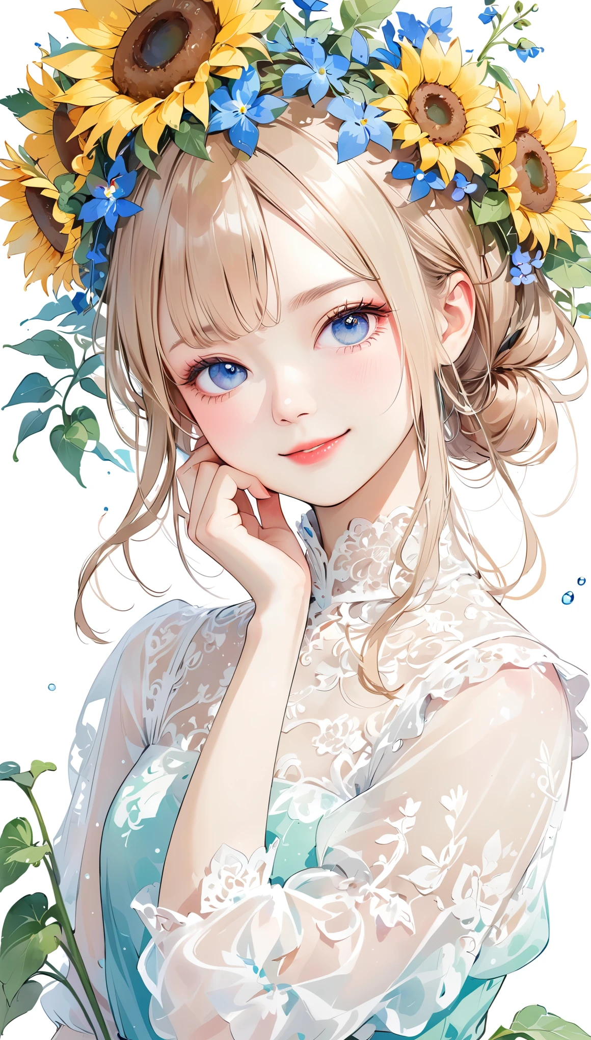 une fille avec un beau sourire, Elle a posé sa main sur sa joue, Tournesols et fleurs sauvages dans ses cheveux, Dessins aquarelle et crayon colorés, Portrait entier de style anime, Conception de personnage détaillée dans un style d'art numérique isolé sur fond blanc, peinture à l&#39;encre colorée, Vêtements et motifs complexes, 8K HD