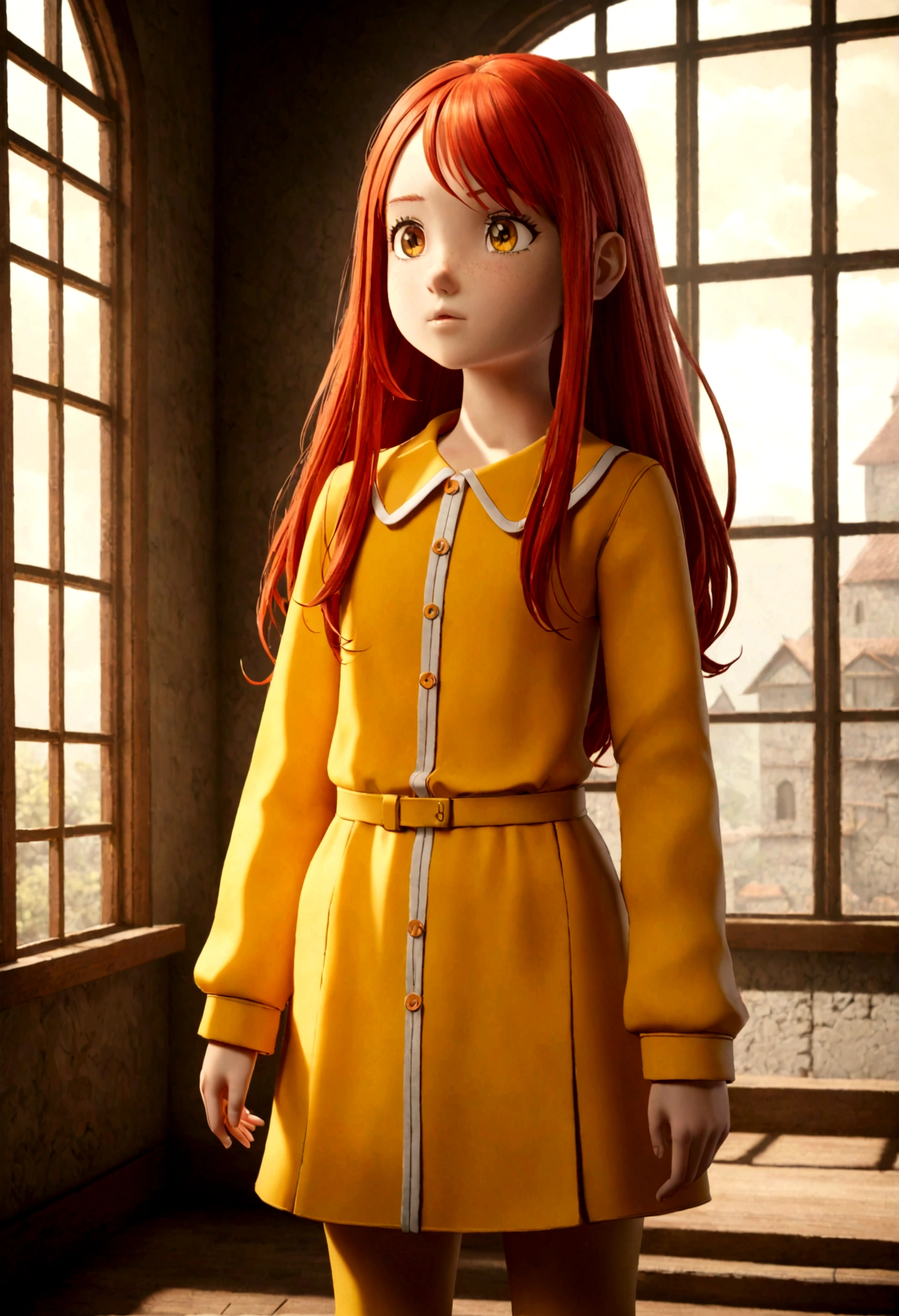 The image features a 3D animated character of a young girl with long red hair, wearing a yellow and orange outfit, standing in a room with a window.