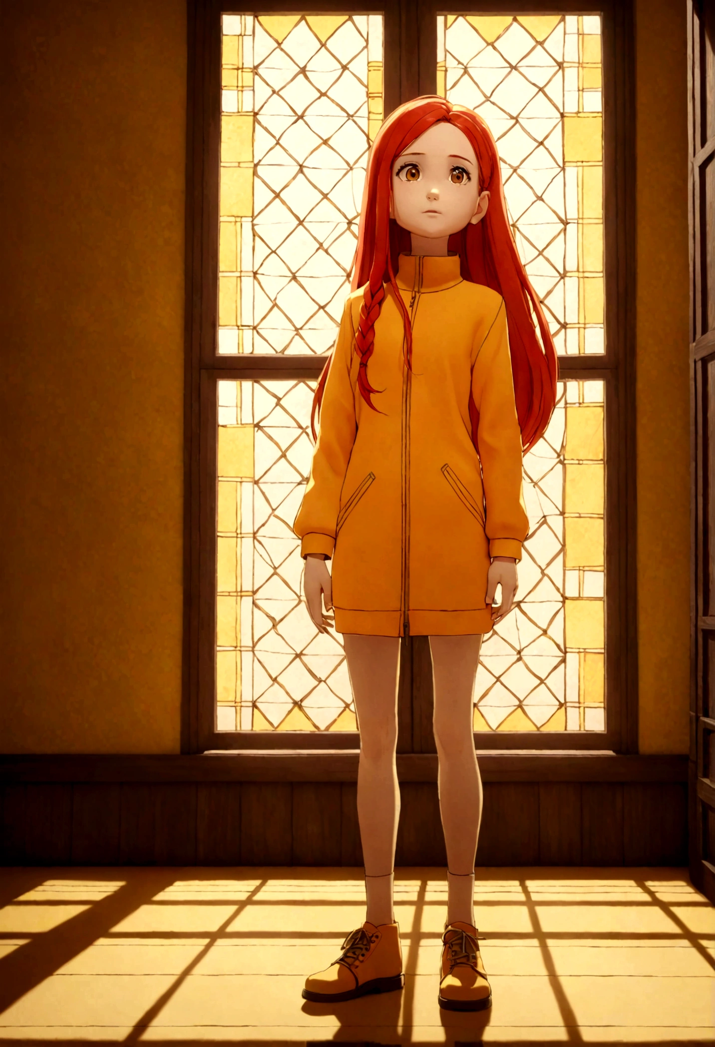 The image features a 3D animated character of a young girl with long red hair, wearing a yellow and orange outfit, standing in a room with a window.