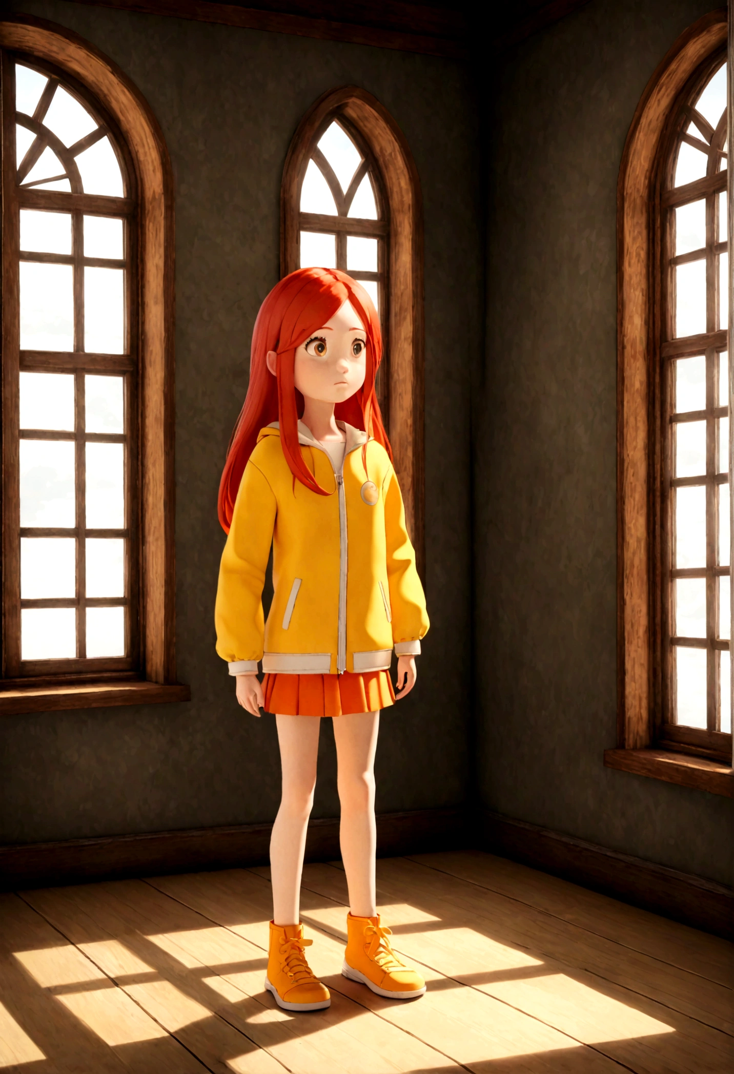 The image features a 3D animated character of a young girl with long red hair, wearing a yellow and orange outfit, standing in a room with a window.