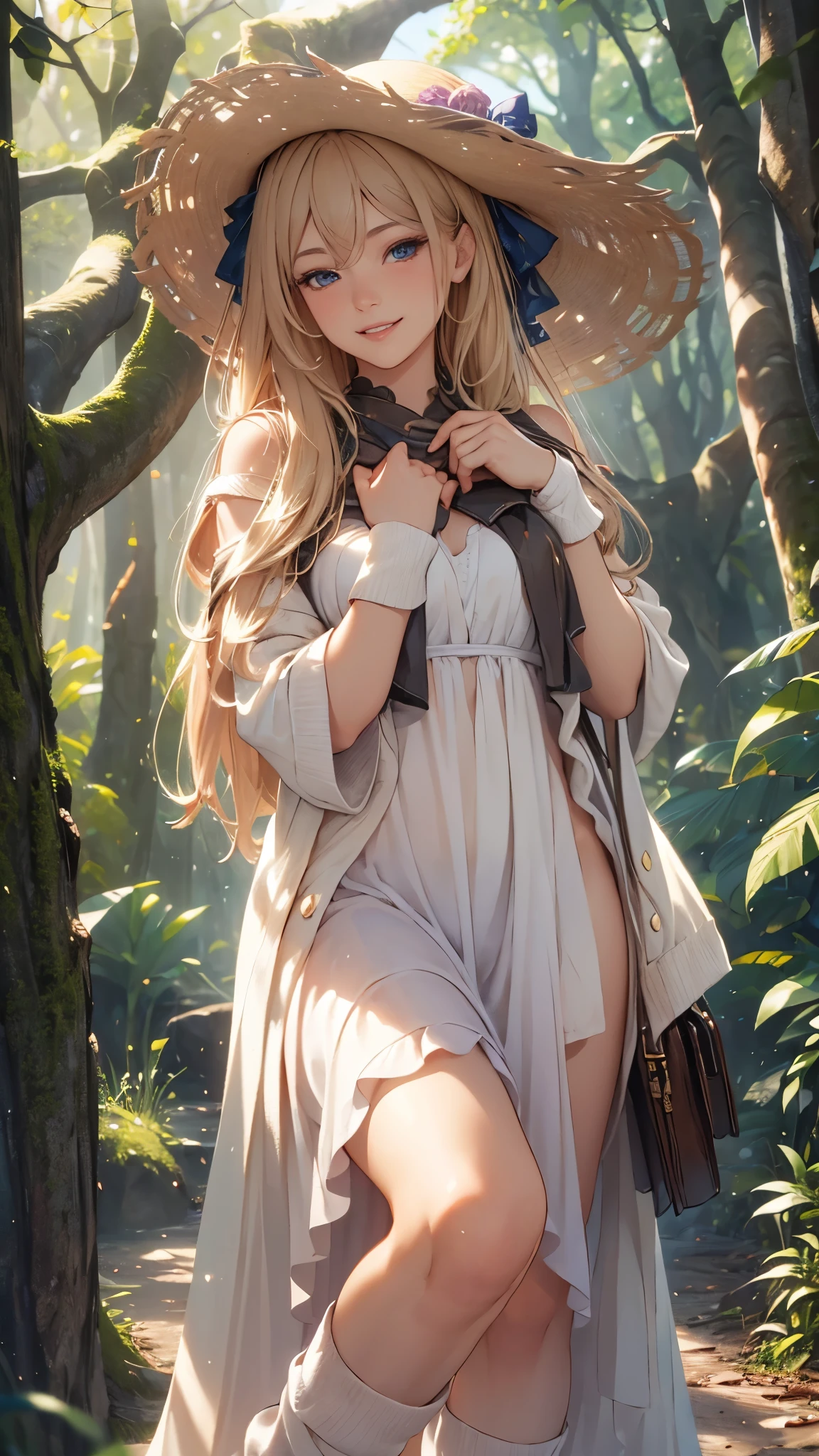 A beautiful young woman, 18 years old, grin,grin,wearing a long white maxi dress, socks,short boots,with long flowing blonde hair, grinning with a slightly mischievous expression, standing in a serene outdoor setting, sunlight filtering through the trees, (best quality,4k,8k,highres,masterpiece:1.2),ultra-detailed,(realistic,photorealistic,photo-realistic:1.37),detailed facial features, beautiful eyes, nose, and lips, intricate fabric textures, natural lighting, cinematic composition, vibrant colors, fantasy,ethereal