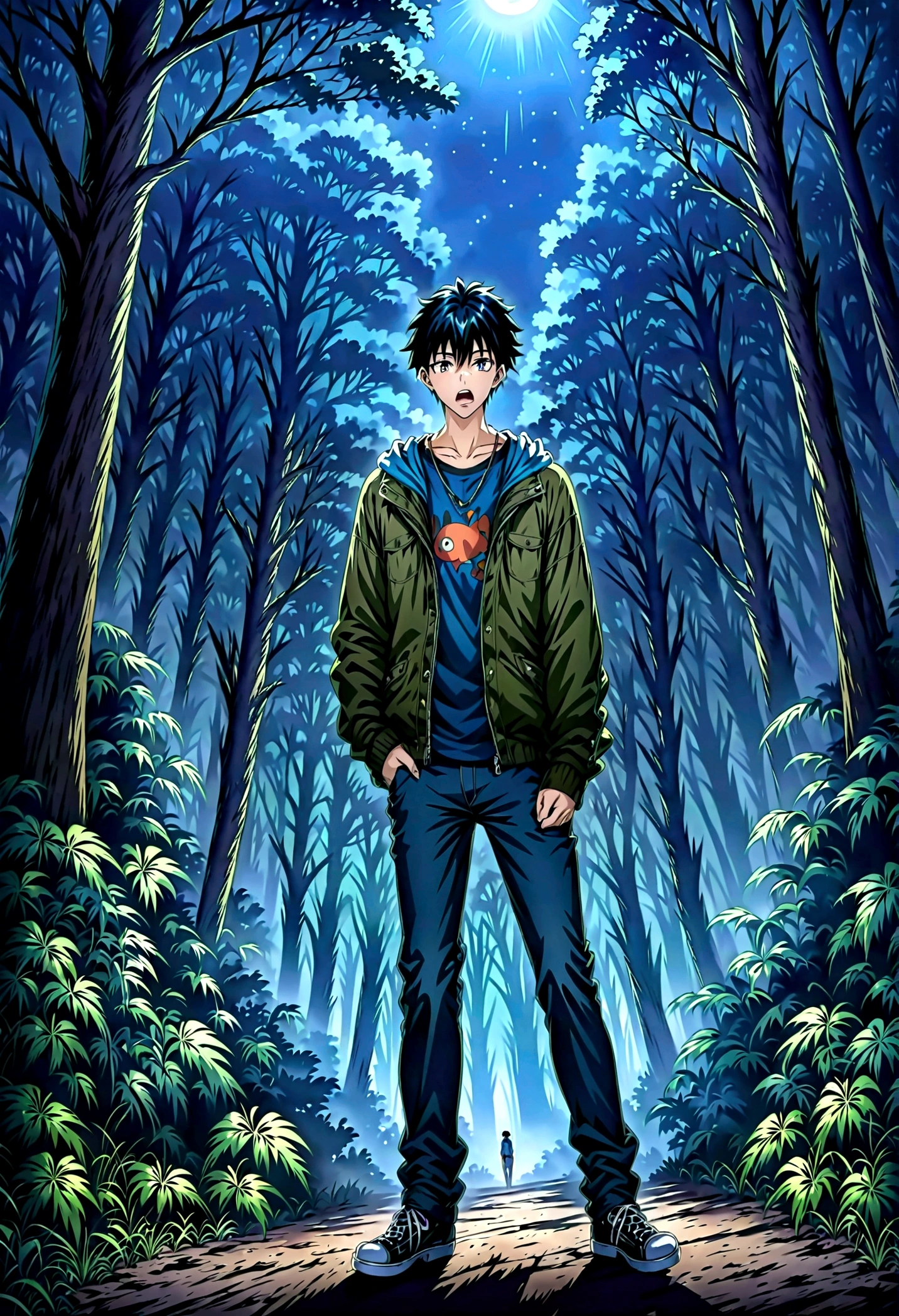 Anime Shōnen, whole body, Keeping your mouth open, Are standing, good looking, youth, in the forest, night, Digital anime illustration, Handsome, youth, cool,Casual clothing