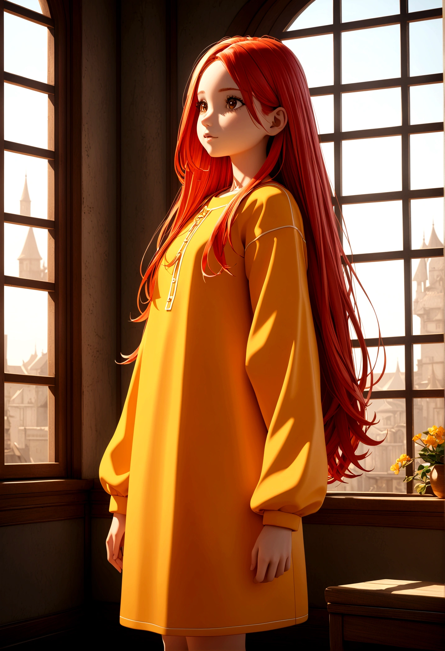 The image features a 3D animated character of a young girl with long red hair, wearing a yellow and orange outfit, standing in a room with a window.