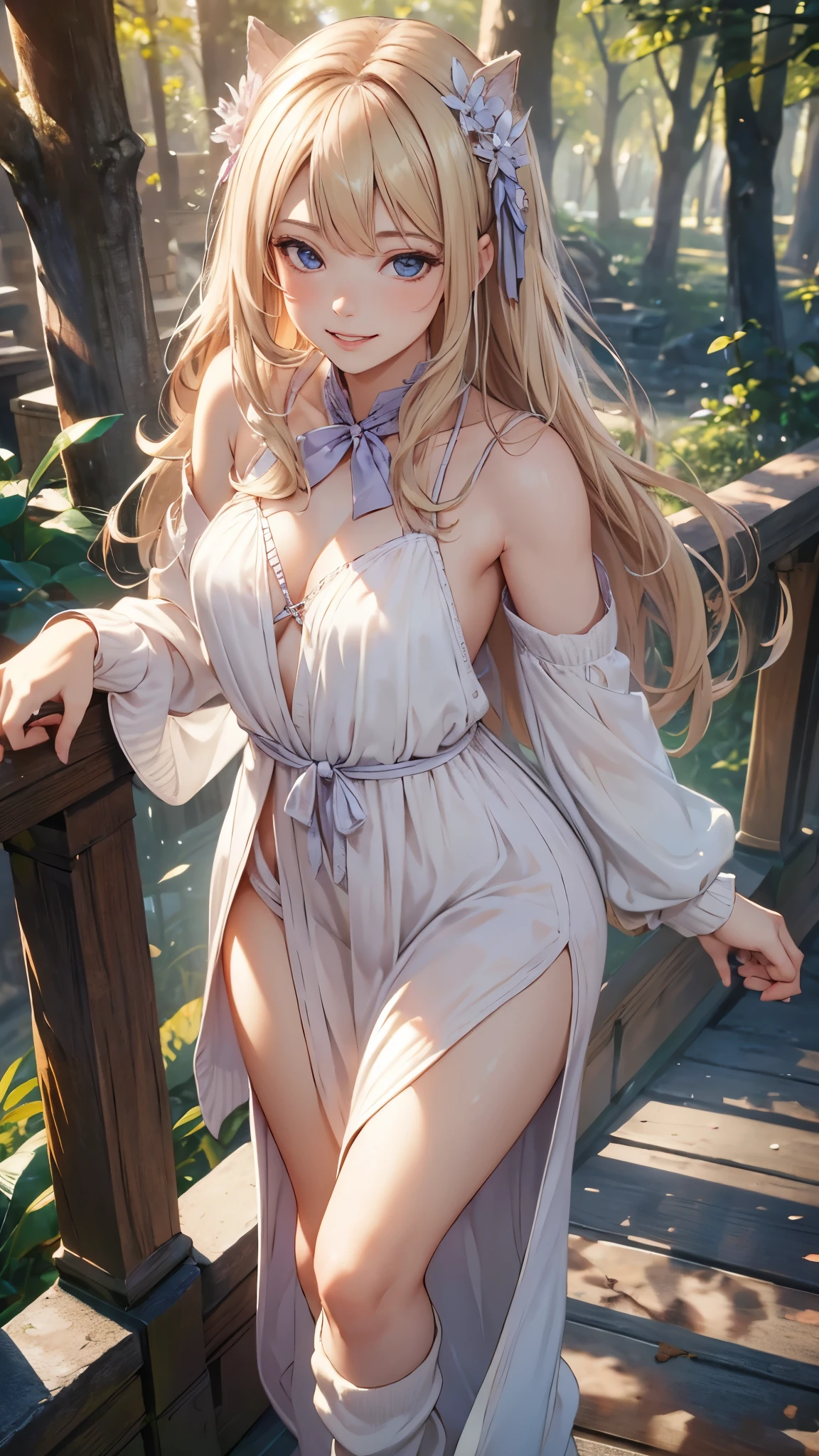 A beautiful young woman, 18 years old, grin,grin,((peace sign,peace sign)),wearing a long white maxi dress, socks,short boots,with long flowing blonde hair, grinning with a slightly mischievous expression, standing in a serene outdoor setting, sunlight filtering through the trees, (best quality,4k,8k,highres,masterpiece:1.2),ultra-detailed,(realistic,photorealistic,photo-realistic:1.37),detailed facial features, beautiful eyes, nose, and lips, intricate fabric textures, natural lighting, cinematic composition, vibrant colors, fantasy,ethereal
