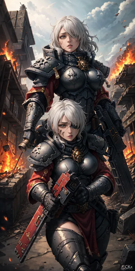 (masterpiece:1.2) (best quality:1.2) perfect eyes, perfect face, perfect lighting, 1girl, mature whsororitas with a laser rifle ...